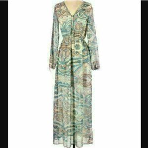 Boohoo Boutique Casual Dress Maxi Blue Pink Ivory Paisley Print Cage Back Size 2